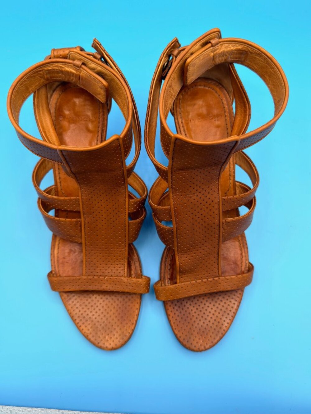 GIVENCHY Perforated Leather Cage Gladiator Sandals Tan Cognac Heels EU 38 US 7.5
